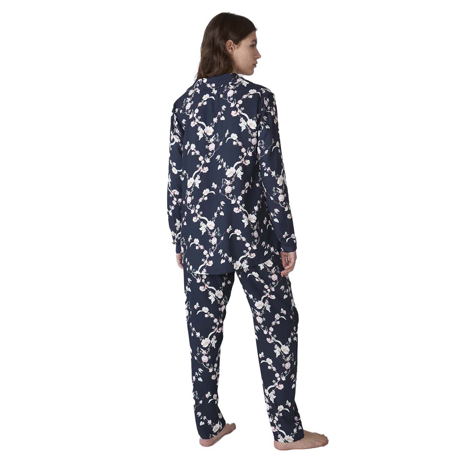 Pijama de Algodão Senhora Manga Comprida Azul Escuro com Estampado