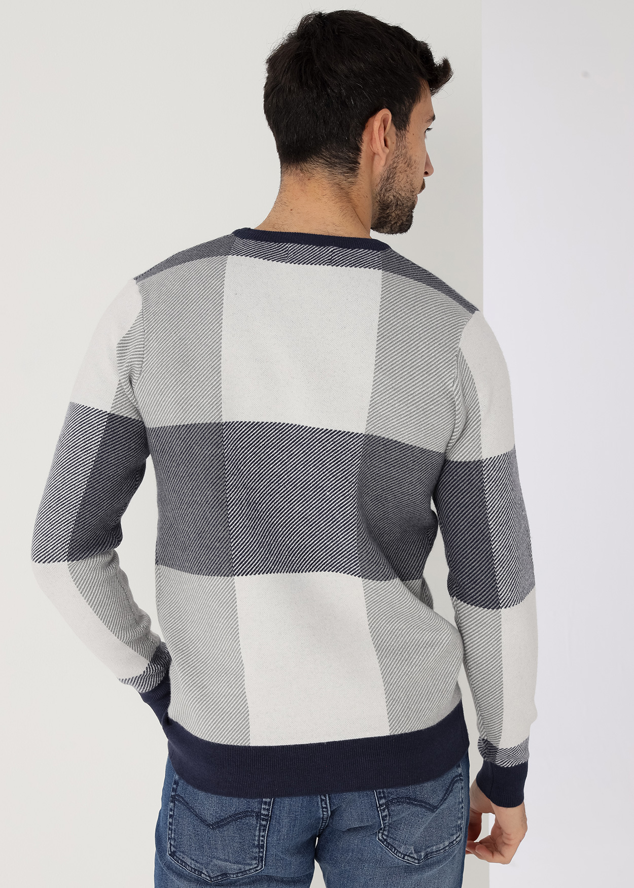 Camisola de gola redonda xadrez em intársia Azul