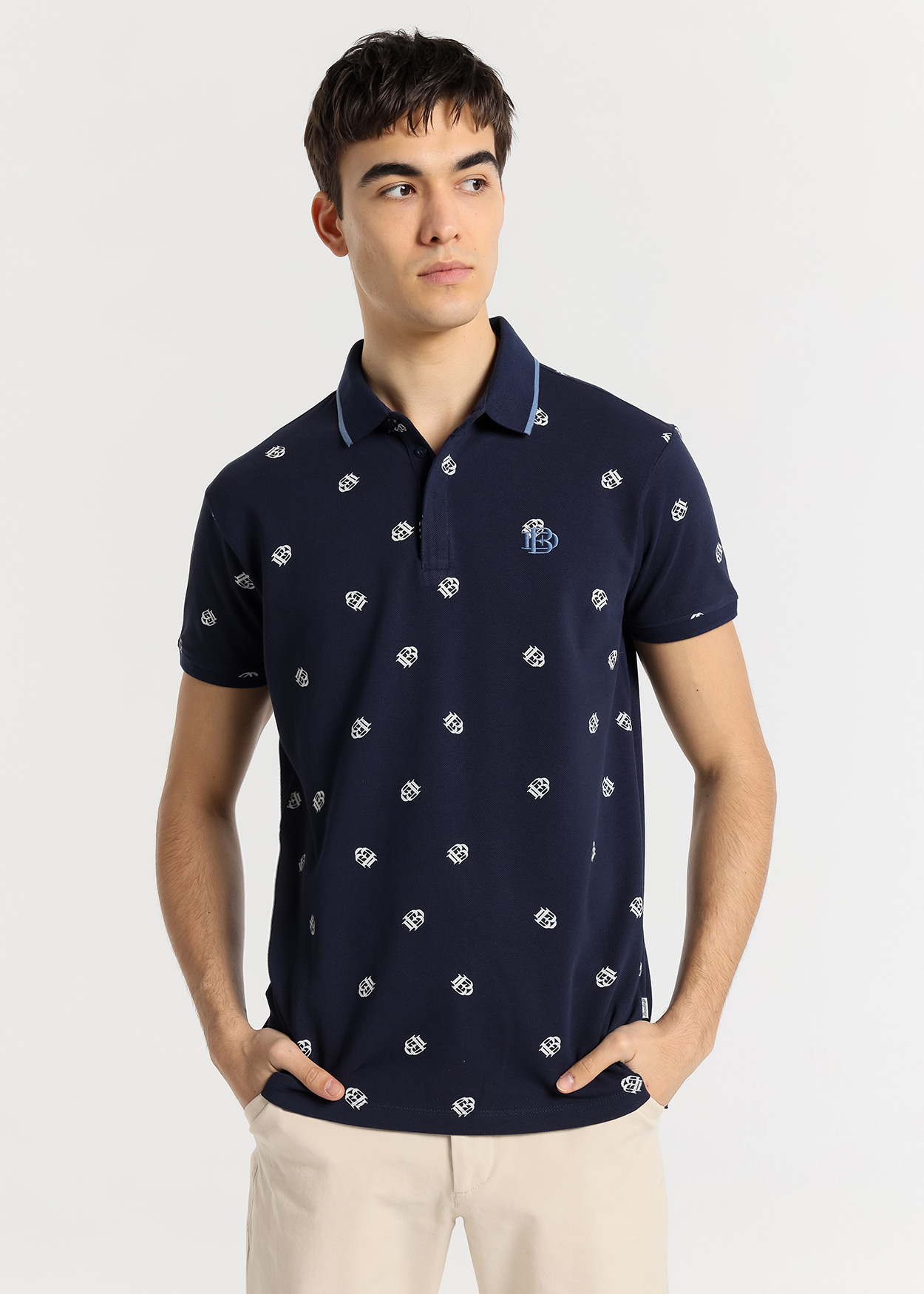 Pólo manga curta com mini estampa Azul