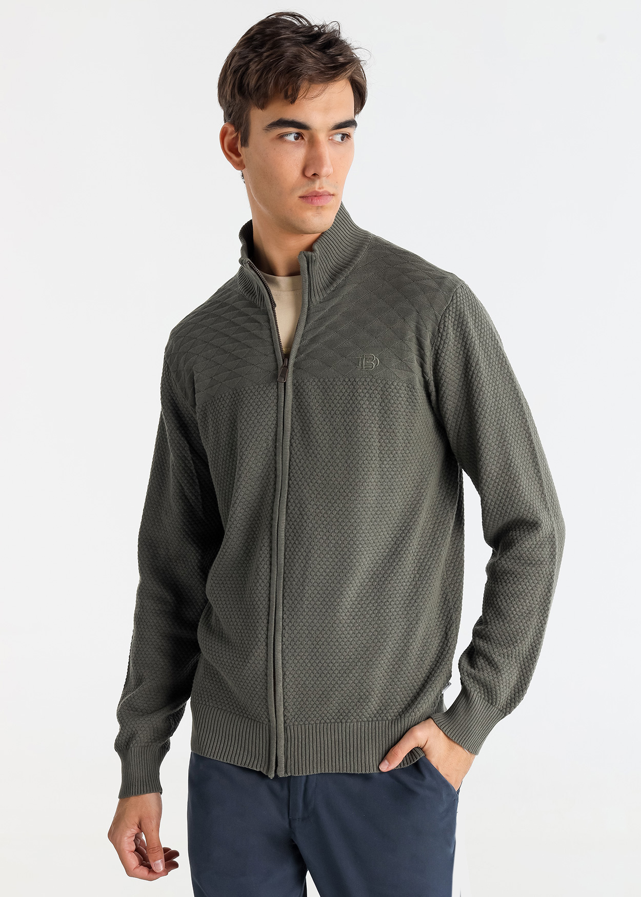 Camisola de gola alta com textura dupla e zíper Verde