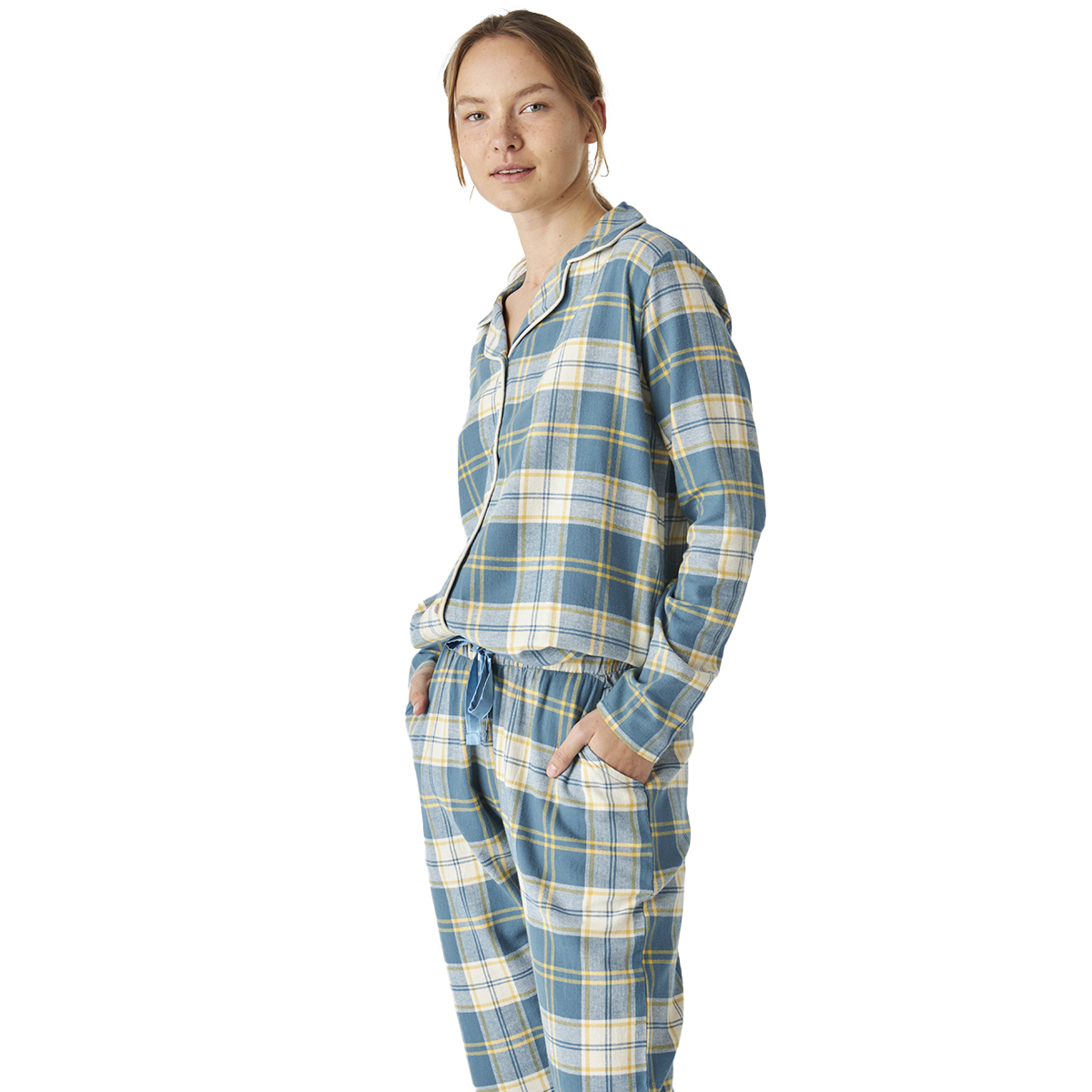 Pijama de Algodão Senhora Manga Comprida Axadrezada Turquesa