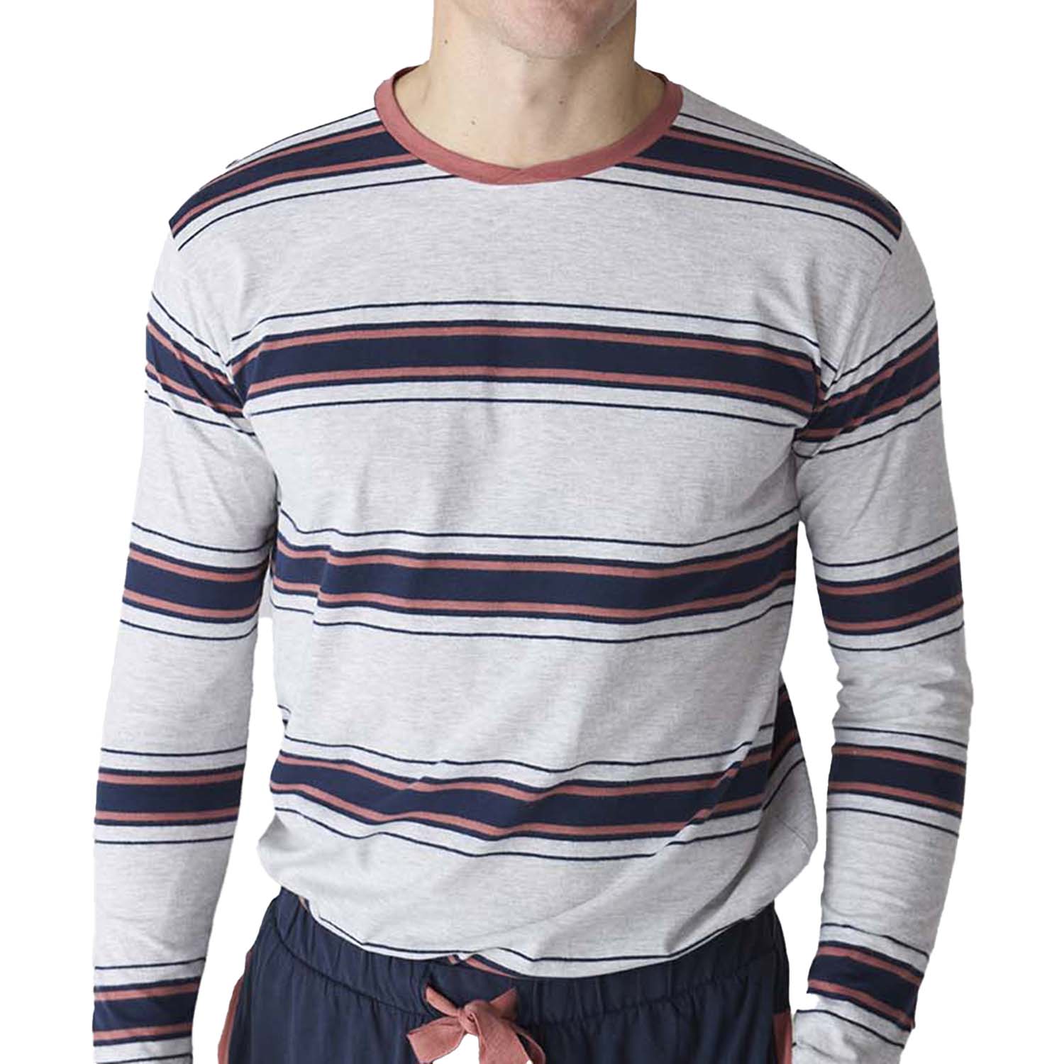 Pijama de Algodão Homem Manga Comprida Azul Escuro e Cinzento