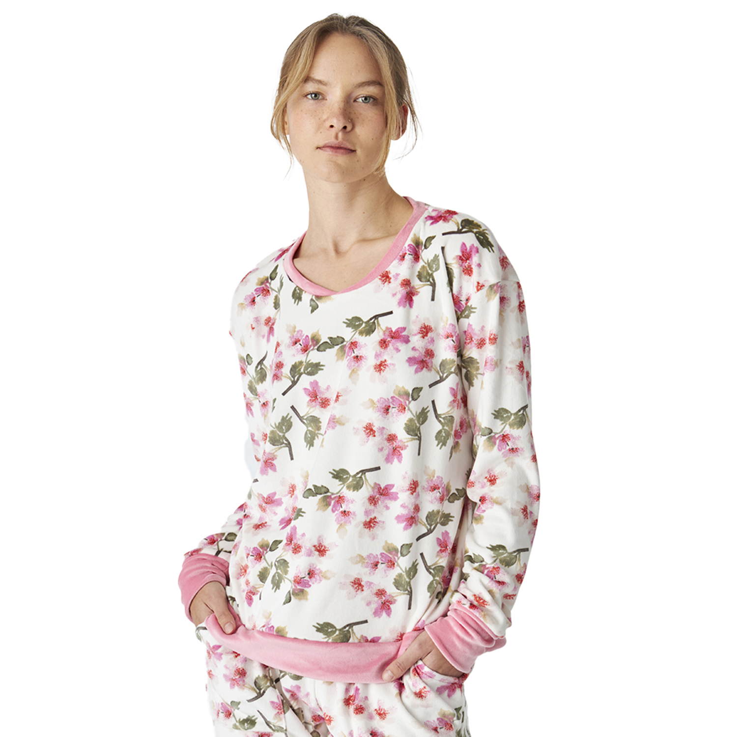 Pijama de Veludo Senhora Manga Comprida Branco e Rosa
