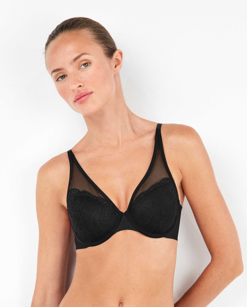 Bralette com renda bordada Preto