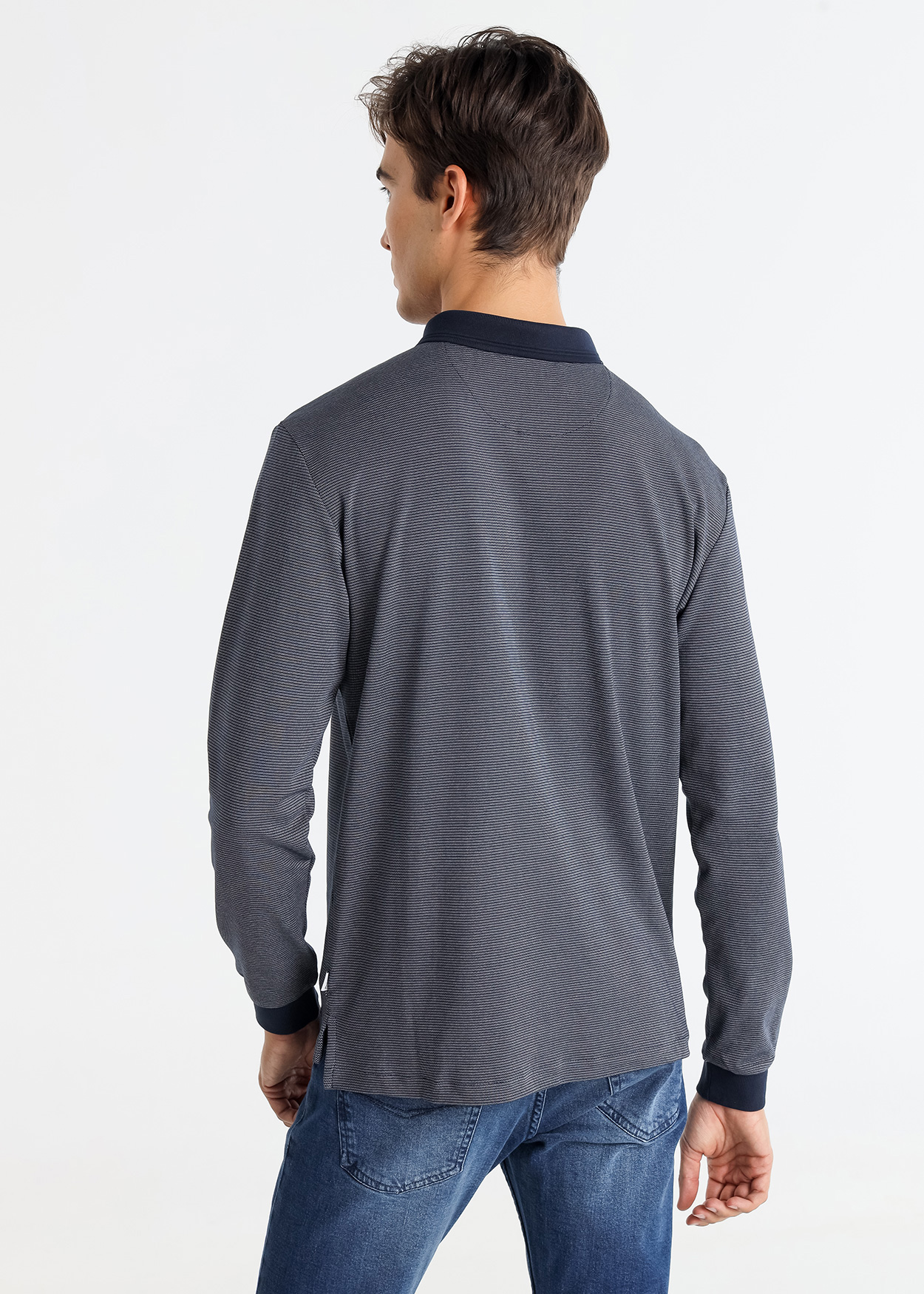 Pólo de manga comprida tecido jaquard Azul