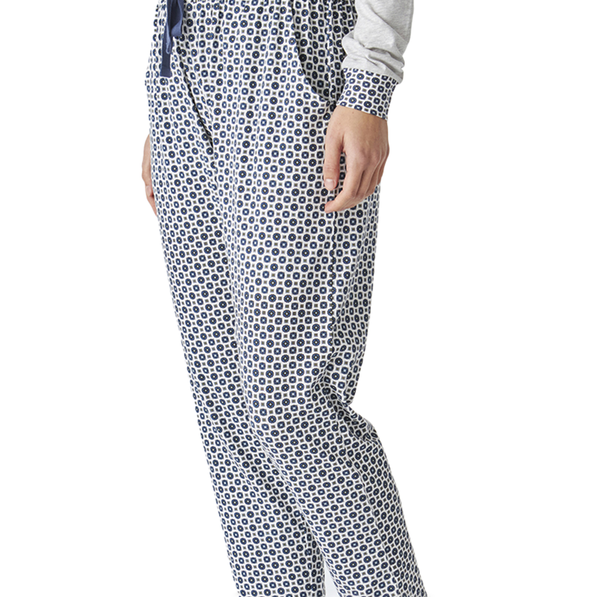 Pijama de Algodão Senhora Manga Comprida Cinzento e Azul