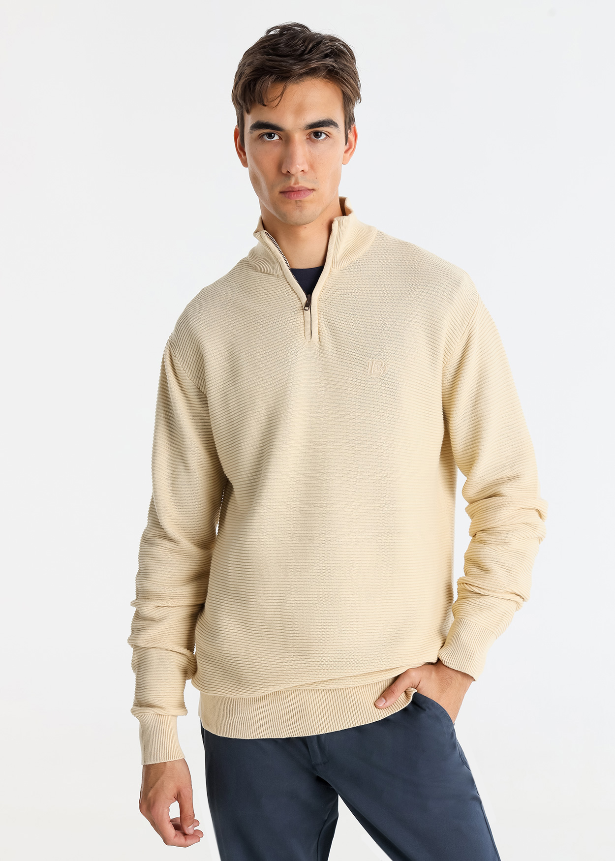 Camisola de malha texturizada com gola redonda e zíper Bege