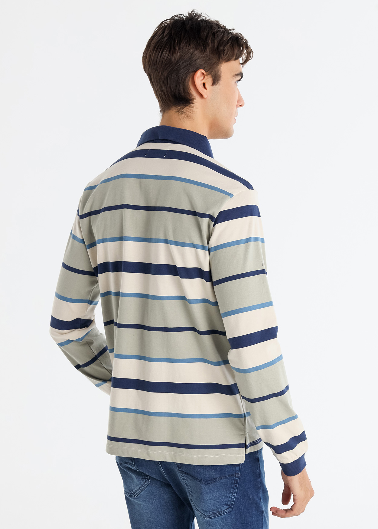 Pólo Riscas de manga comprida com botões Cinzento