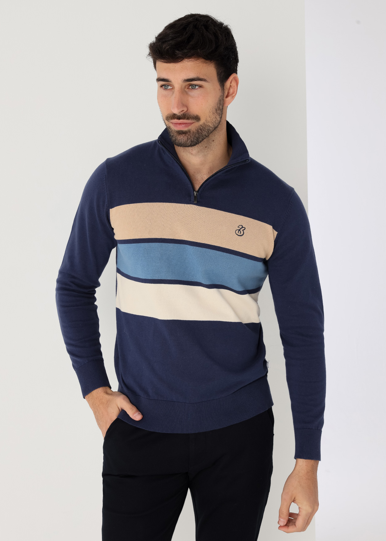 Camisola de gola alta listrado com zíper Azul