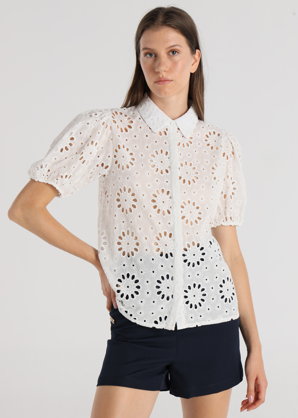 Blusa de manga abalonada Senhora Bege