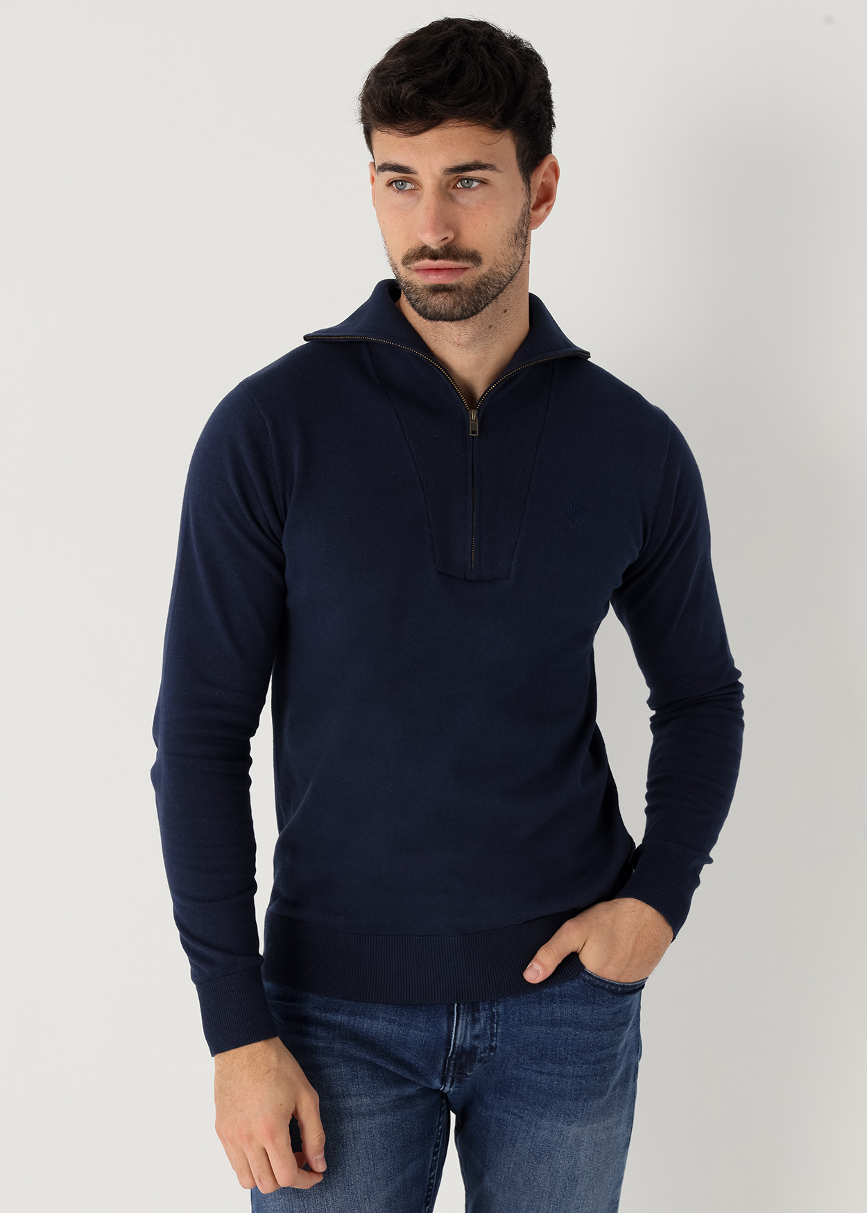 Camisola de gola alta texturizado com zíper duplo Azul