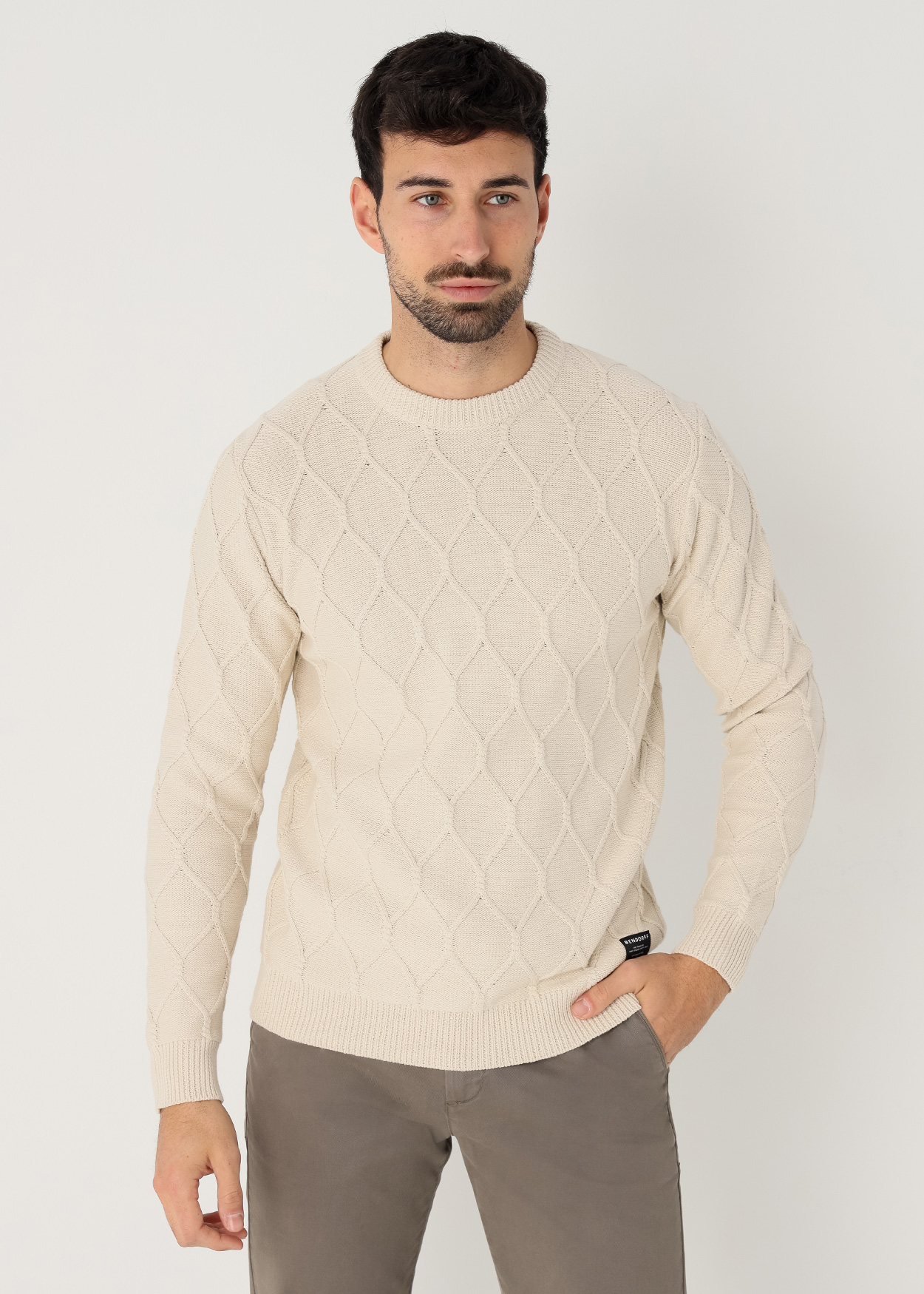 Camisola gola alta em tricô com padrão treliçado Bege