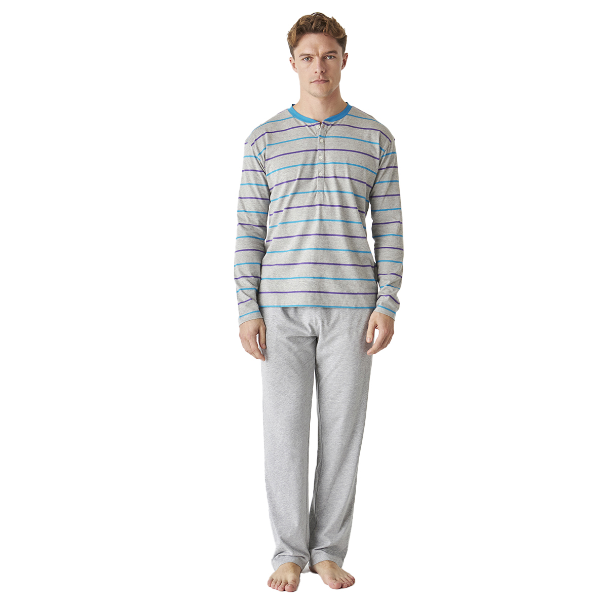 Pijama de Algodão Homem Manga Comprida Cinzento com Listras