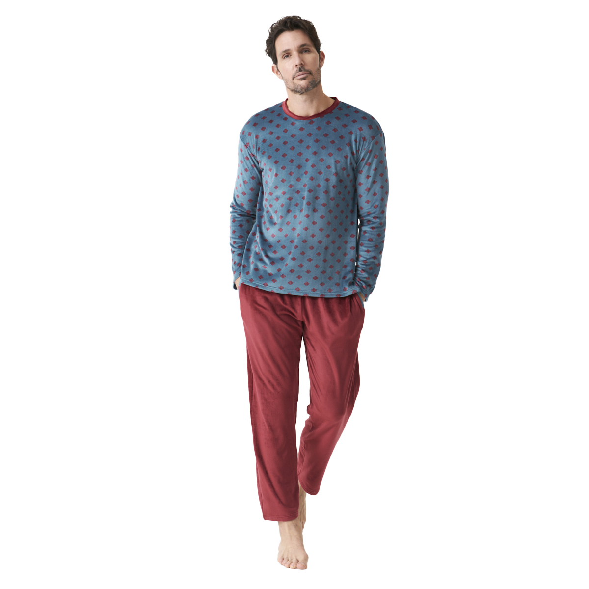 Pijama de Veludo Homem Manga Comprida Azul e Vermelho
