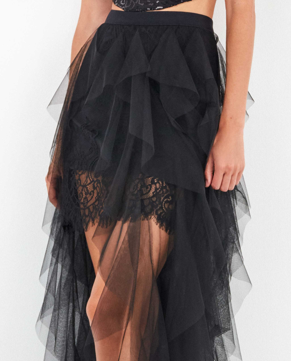 Saia Renda Floral Preto