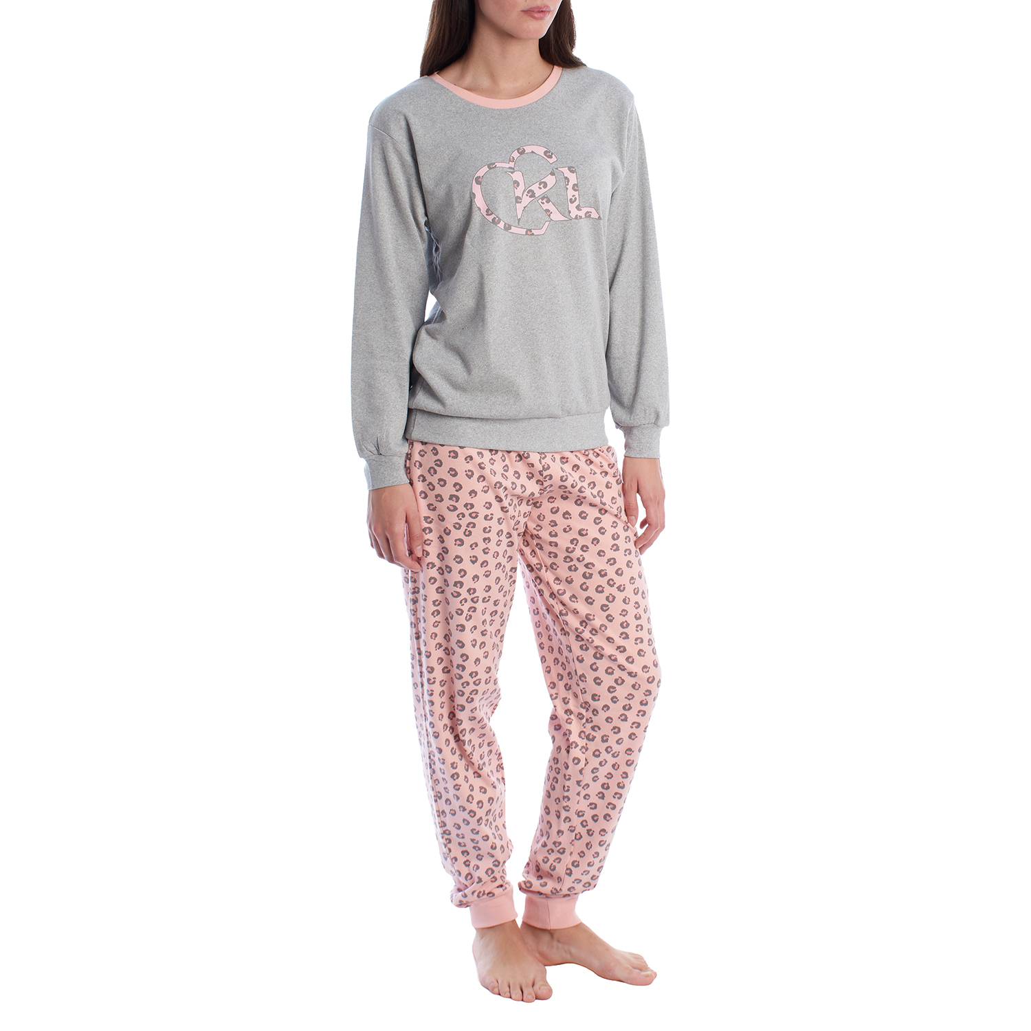 Pijama de Manga Comprida Cinzento-Rosa