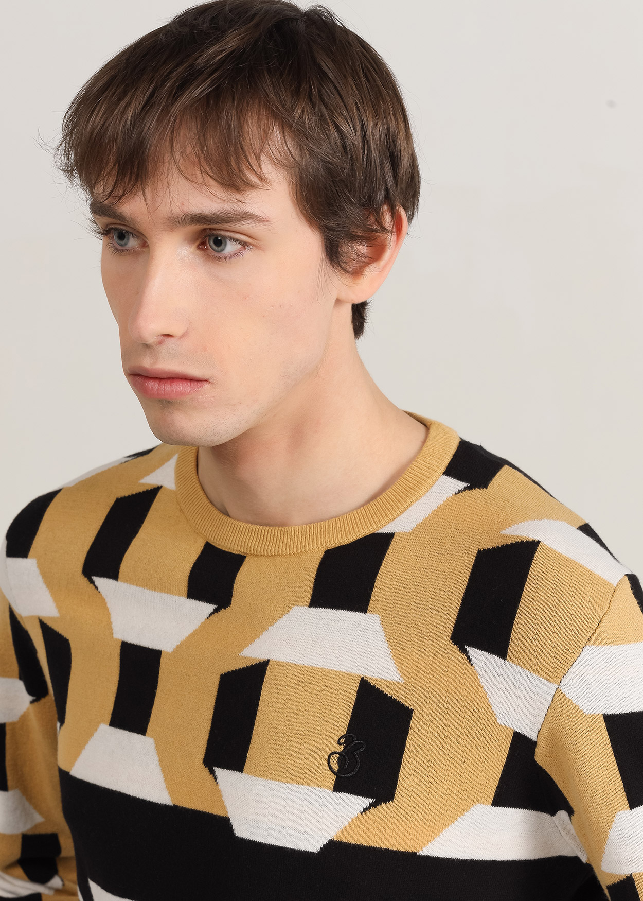 Camisola de gola redonda geométrica Castanho