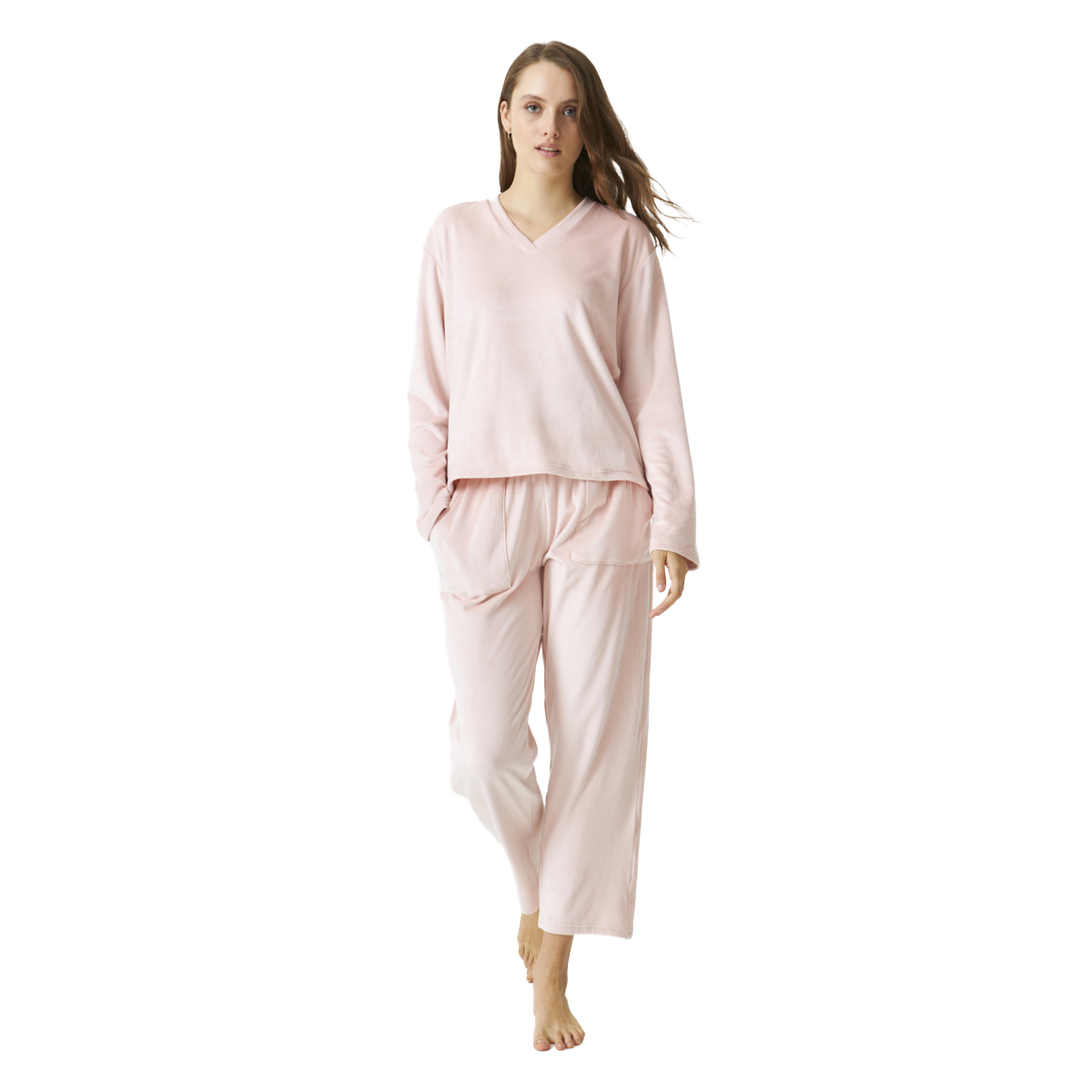 Pijama de Veludo Senhora Manga Comprida Rosa Claro