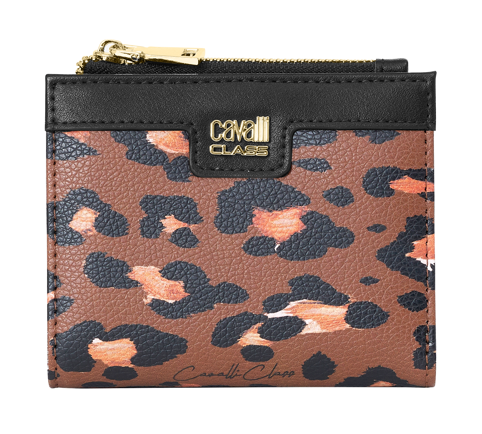 Porta-moedas Pequeno Senhora Preto e Castanho com Padrão Leopardo