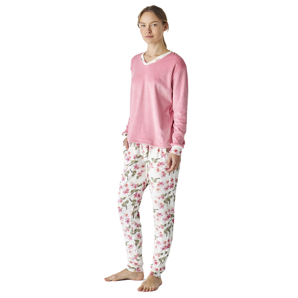 Pijama de Veludo Senhora Manga Comprida Rosa