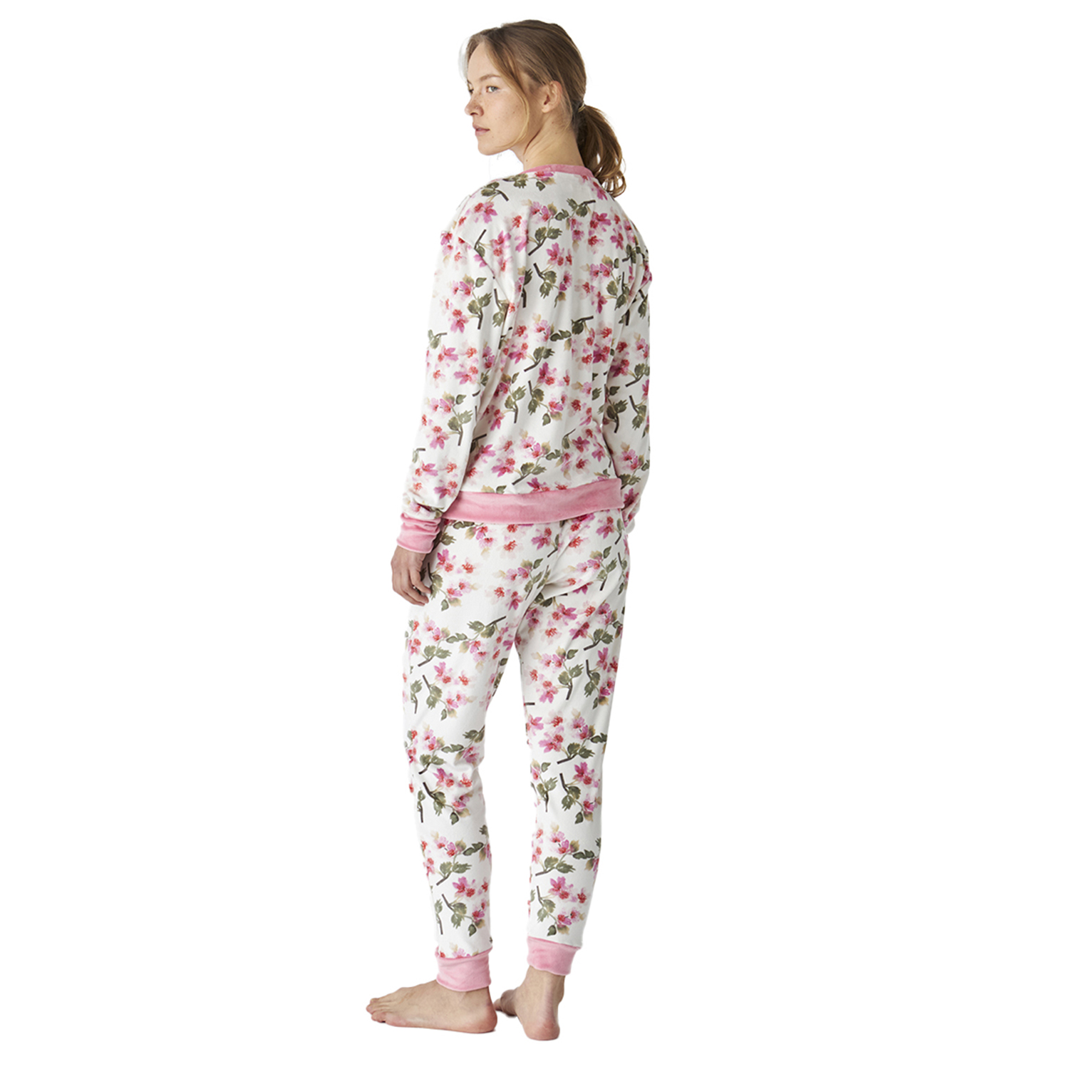 Pijama de Veludo Senhora Manga Comprida Branco e Rosa