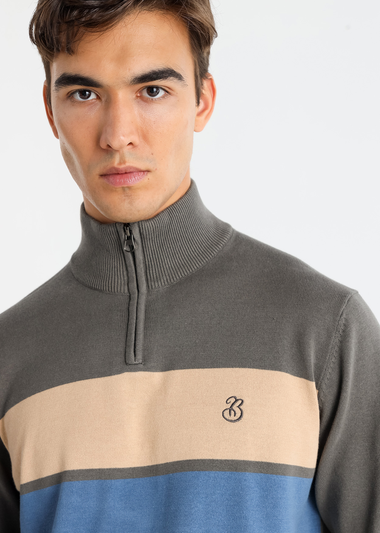 Camisola de gola alta listrado com zíper Verde