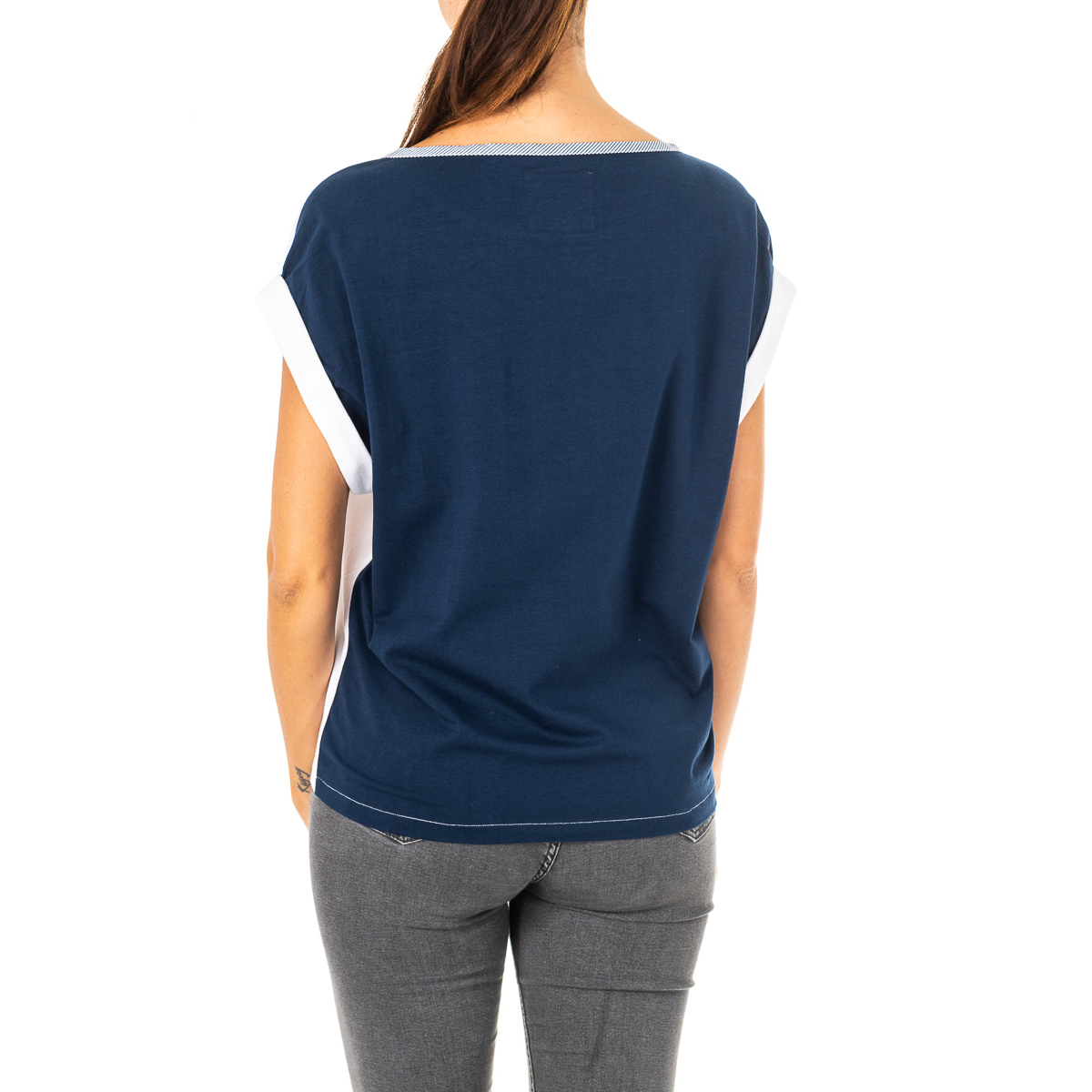 Camisola Manga Curta Senhora Branco e Azul Escuro