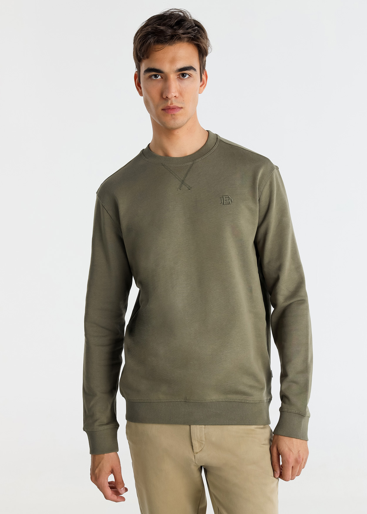 Sweatshirt básico de gola redonda com logo bordado Verde