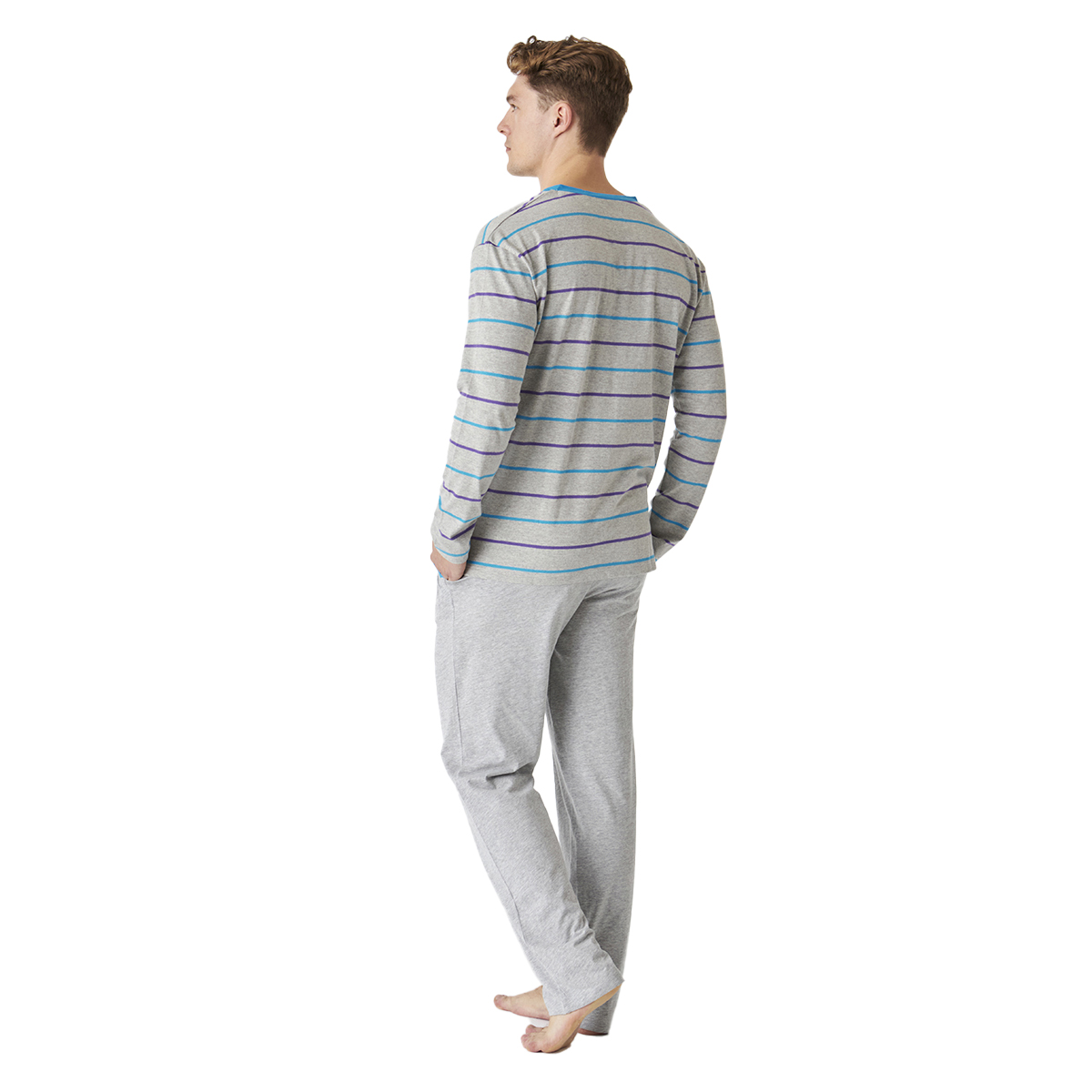 Pijama de Algodão Homem Manga Comprida Cinzento com Listras