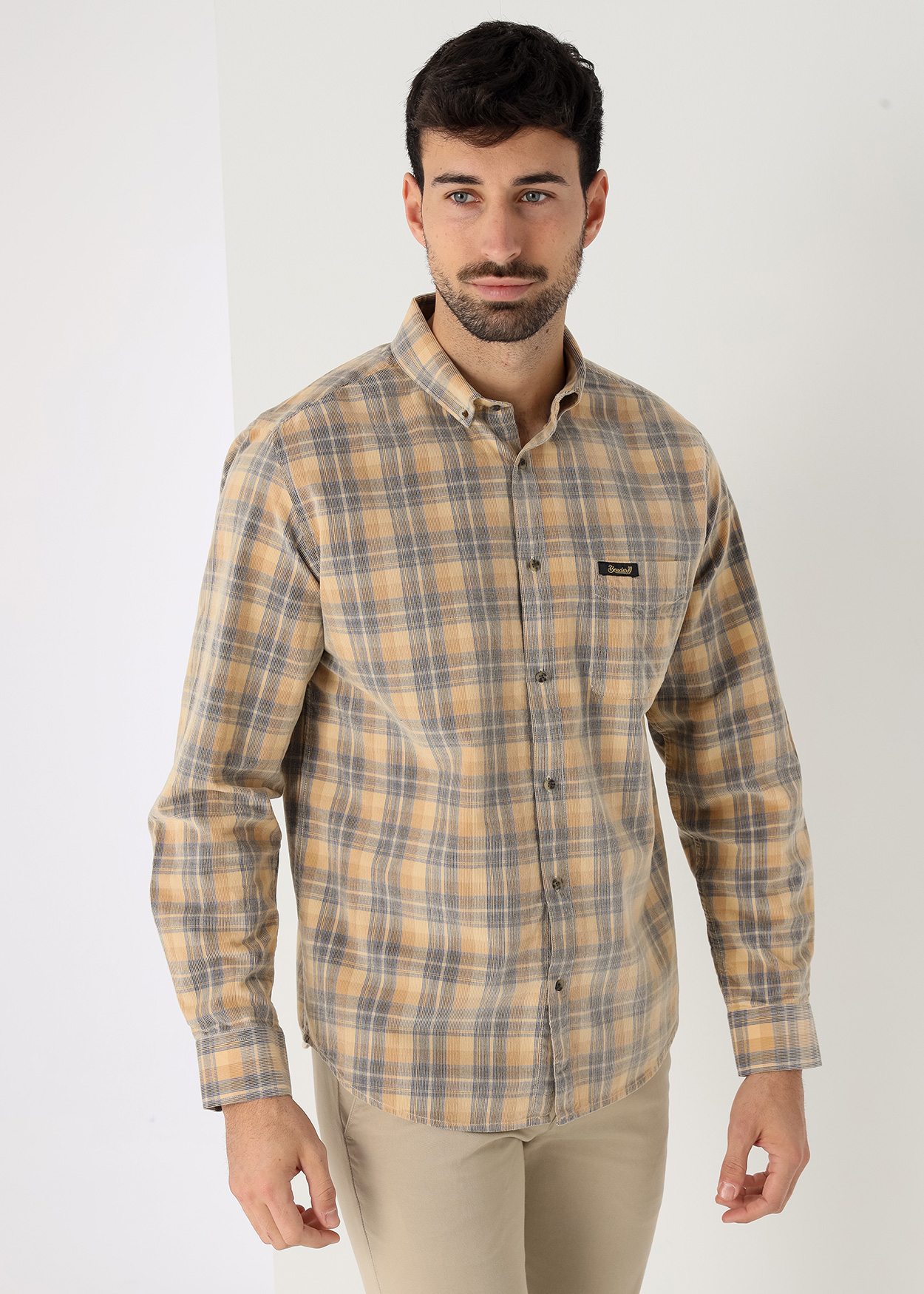 Camisa de veludo cotelê de manga comprida xadrez Multicor