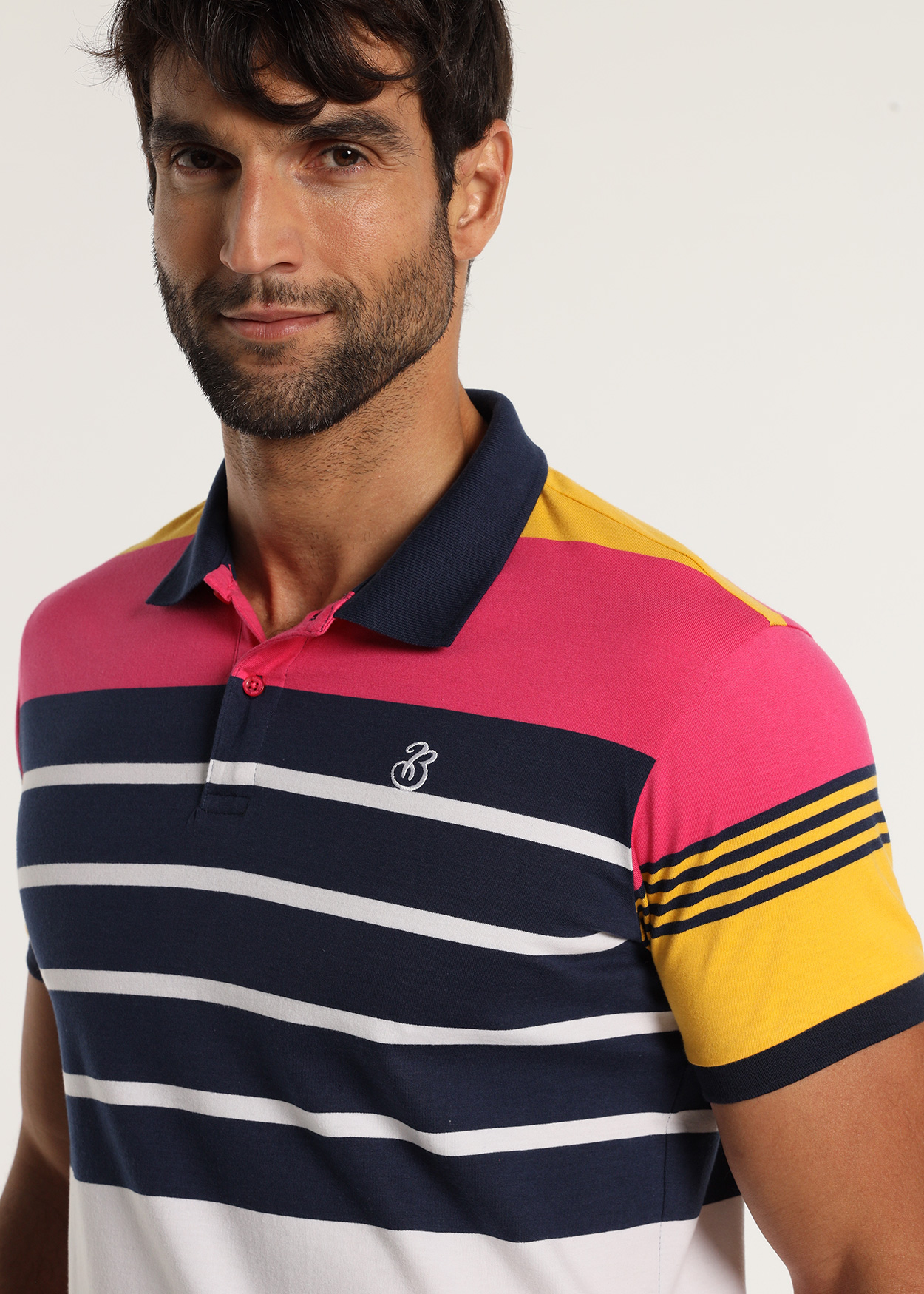 Pólo manga curta com riscas multicoloridas