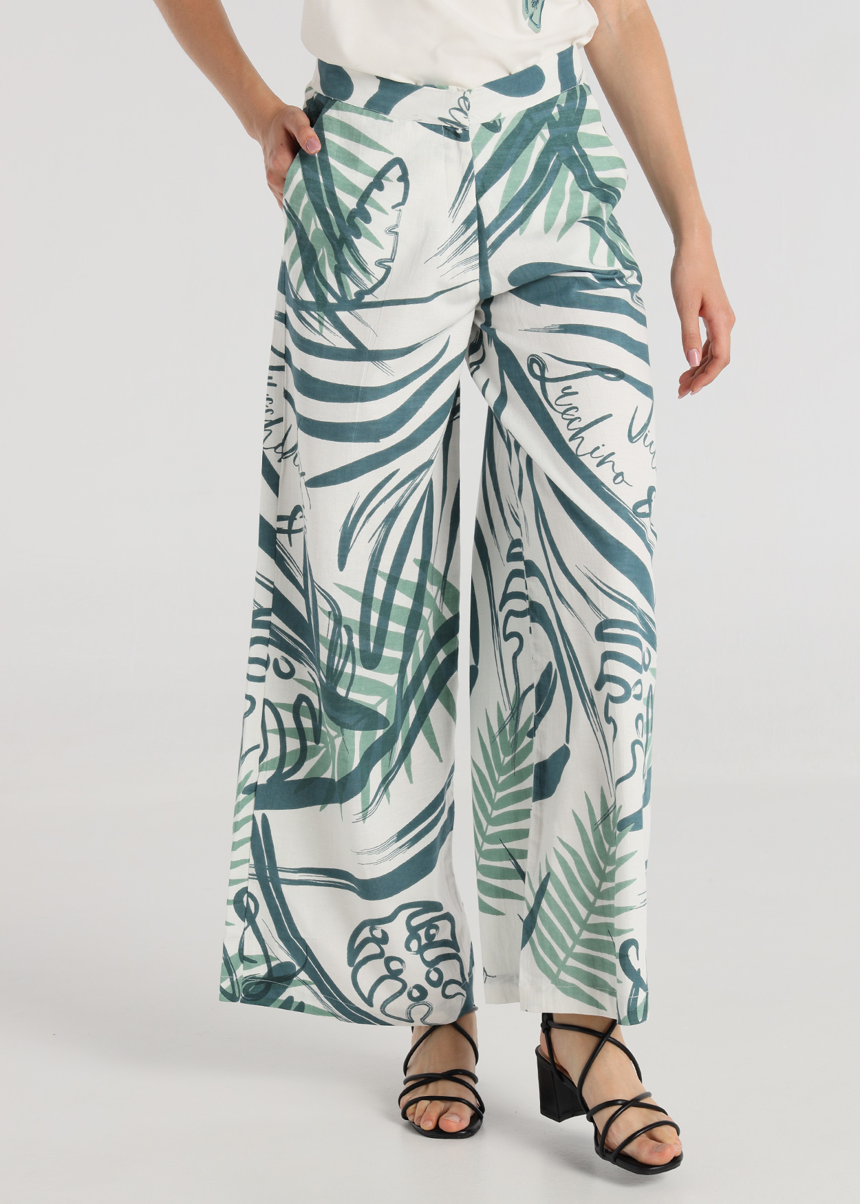 Calças fluidas tropical Senhora Multicolorido