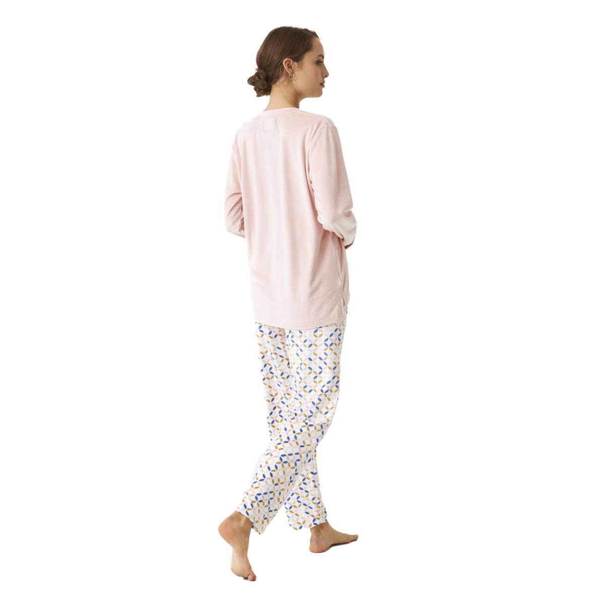 Pijama de Veludo Senhora Manga Comprida Rosa com Estampado