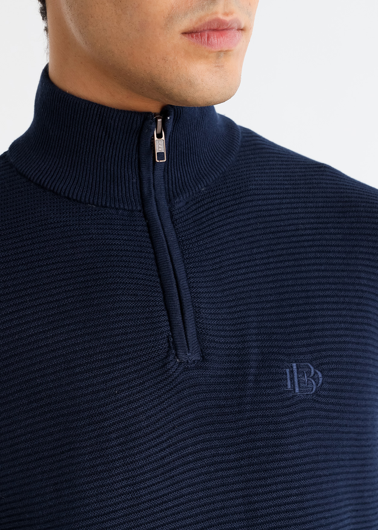 Camisola de malha texturizada com gola redonda e zíper Azul