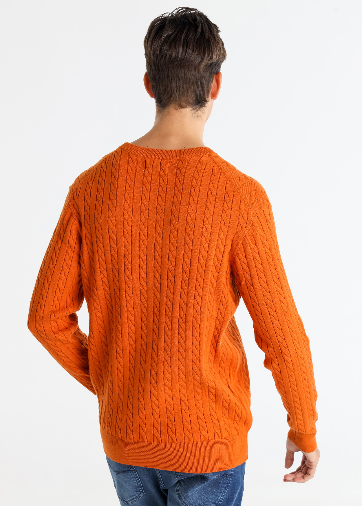 Camisola de gola redonda em tricô trançado Laranja