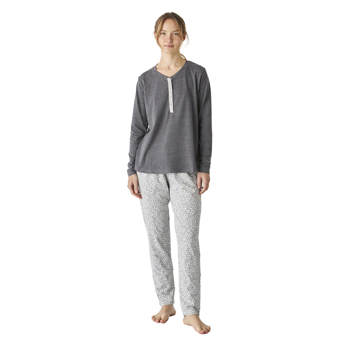 Pijama de Algodão Senhora Manga Comprida Cinzento Escuro