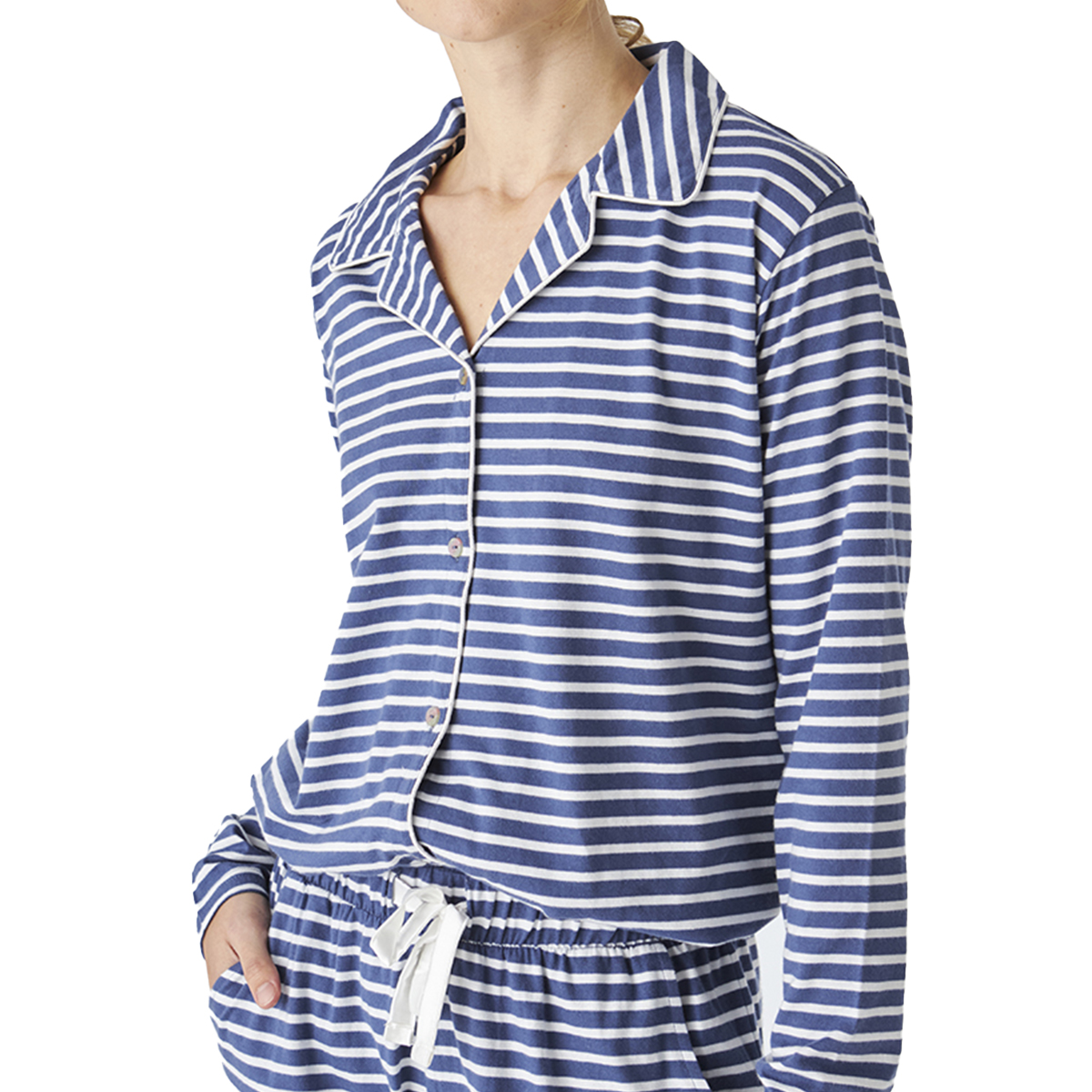 Pijama de Alogodão Senhora Manga Comprida com Listras Azuis e Brancas