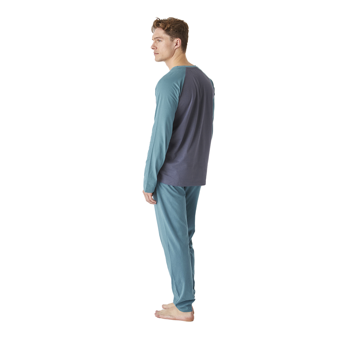 Pijama de Algodão Homem Manga Comprida Verde e Cinzento