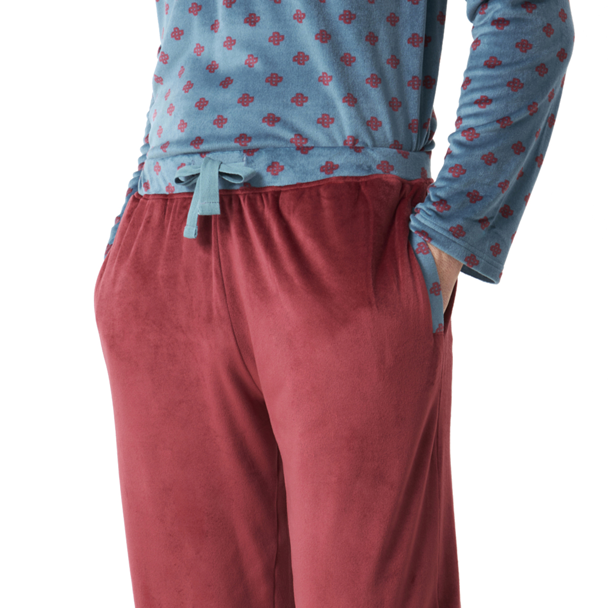Pijama de Veludo Homem Manga Comprida Azul e Vermelho
