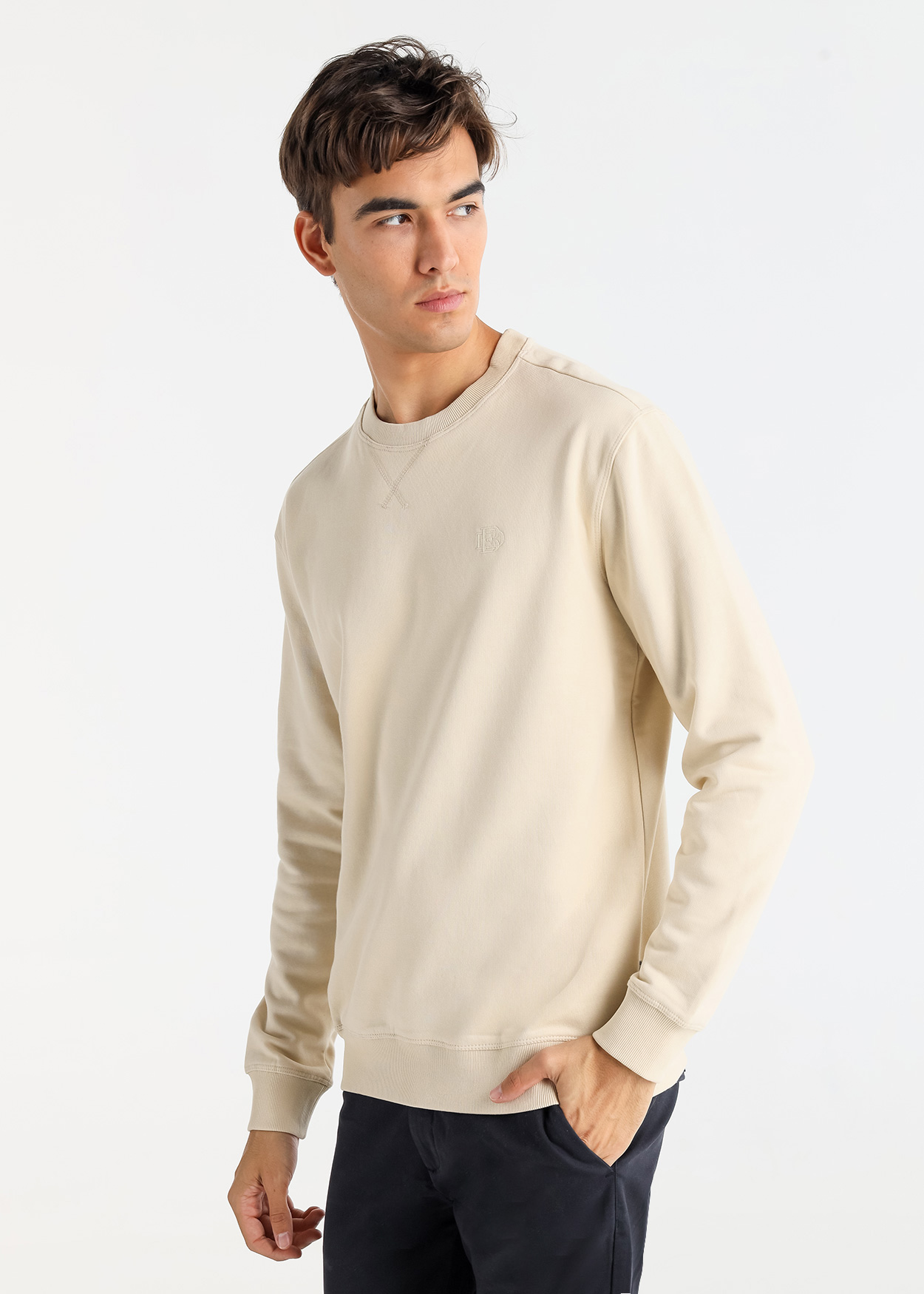 Sweatshirt básico de gola redonda com logo bordado Bege