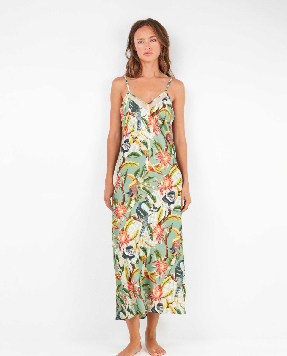 Vestido midi de cetim tropical exótica MultiCor