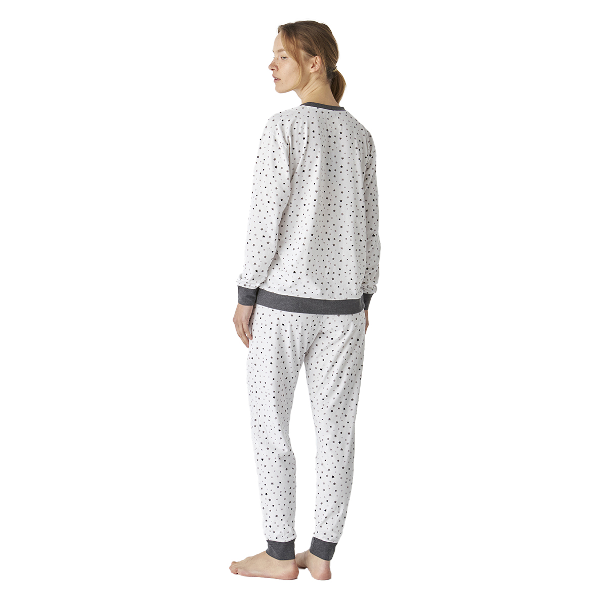 Pijama de Algodão Senhora Manga Comprida Branco e Cinzento