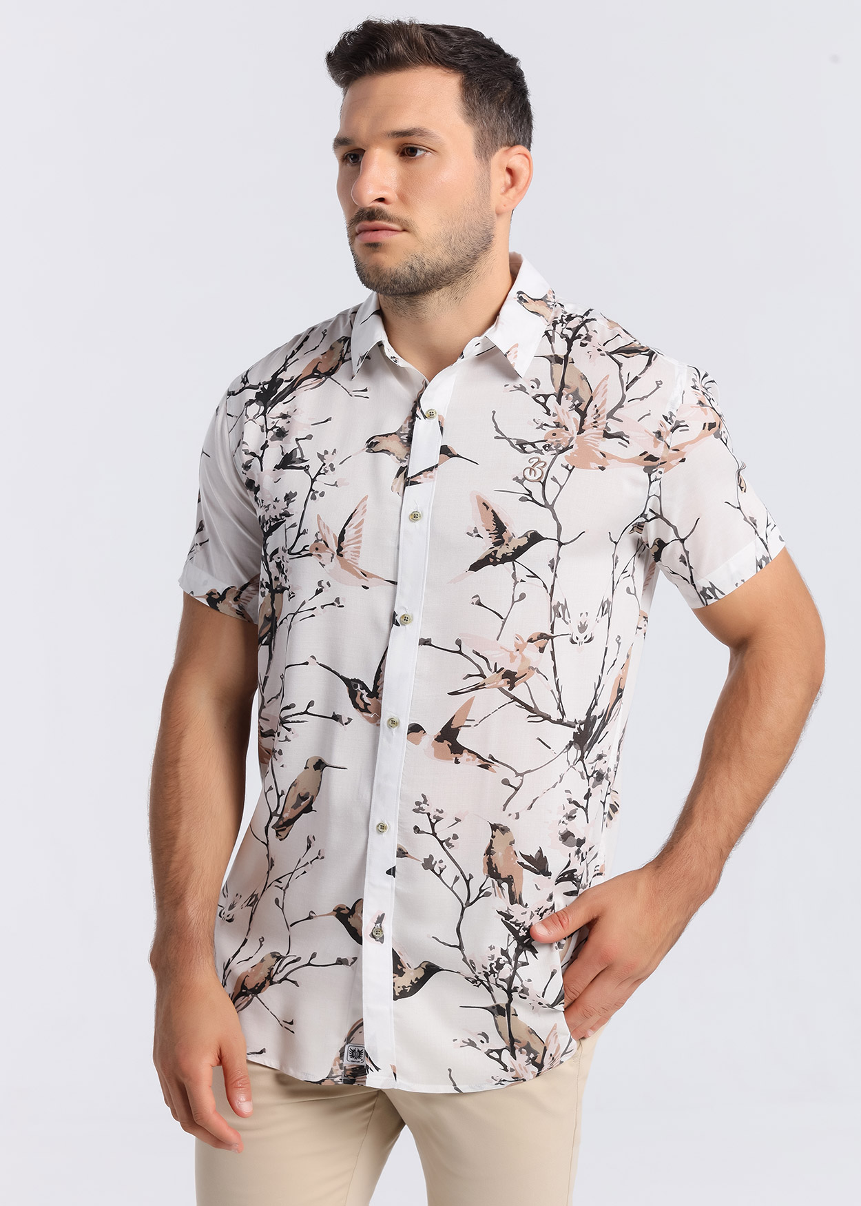 Camisa de manga curta de pássaros Bege