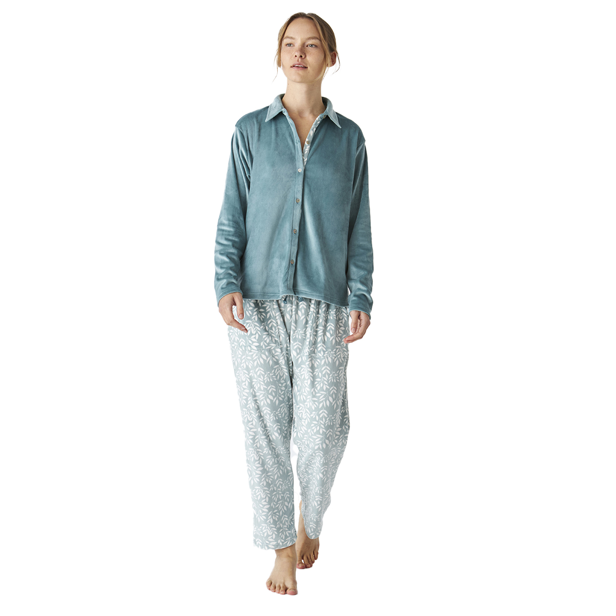 Pijama de Veludo Senhora Manga Comprida Turquesa