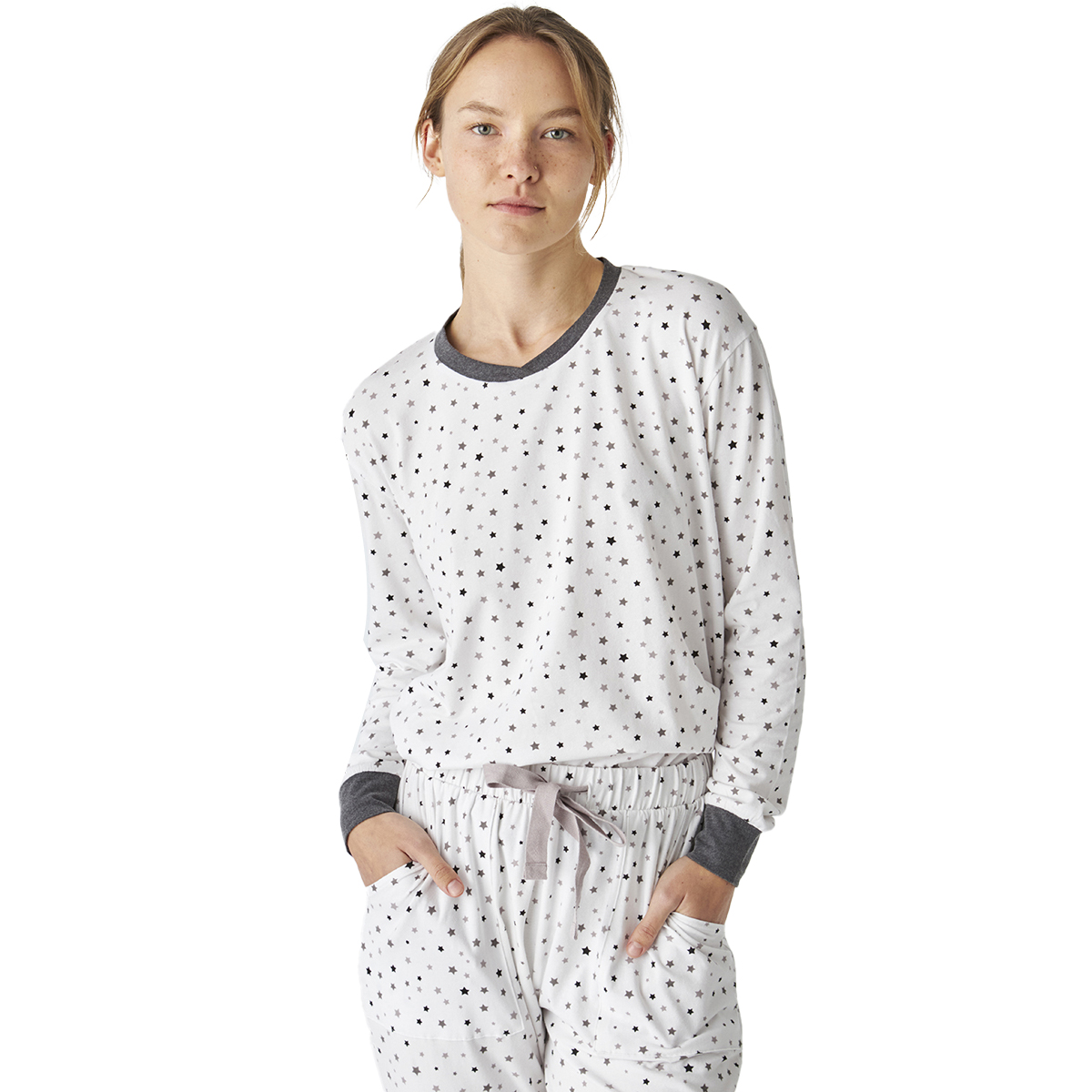 Pijama de Algodão Senhora Manga Comprida Branco e Cinzento