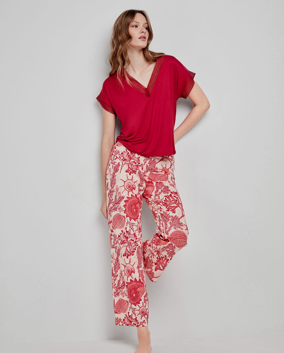 Camiseta de manga curta com listras Vermelho