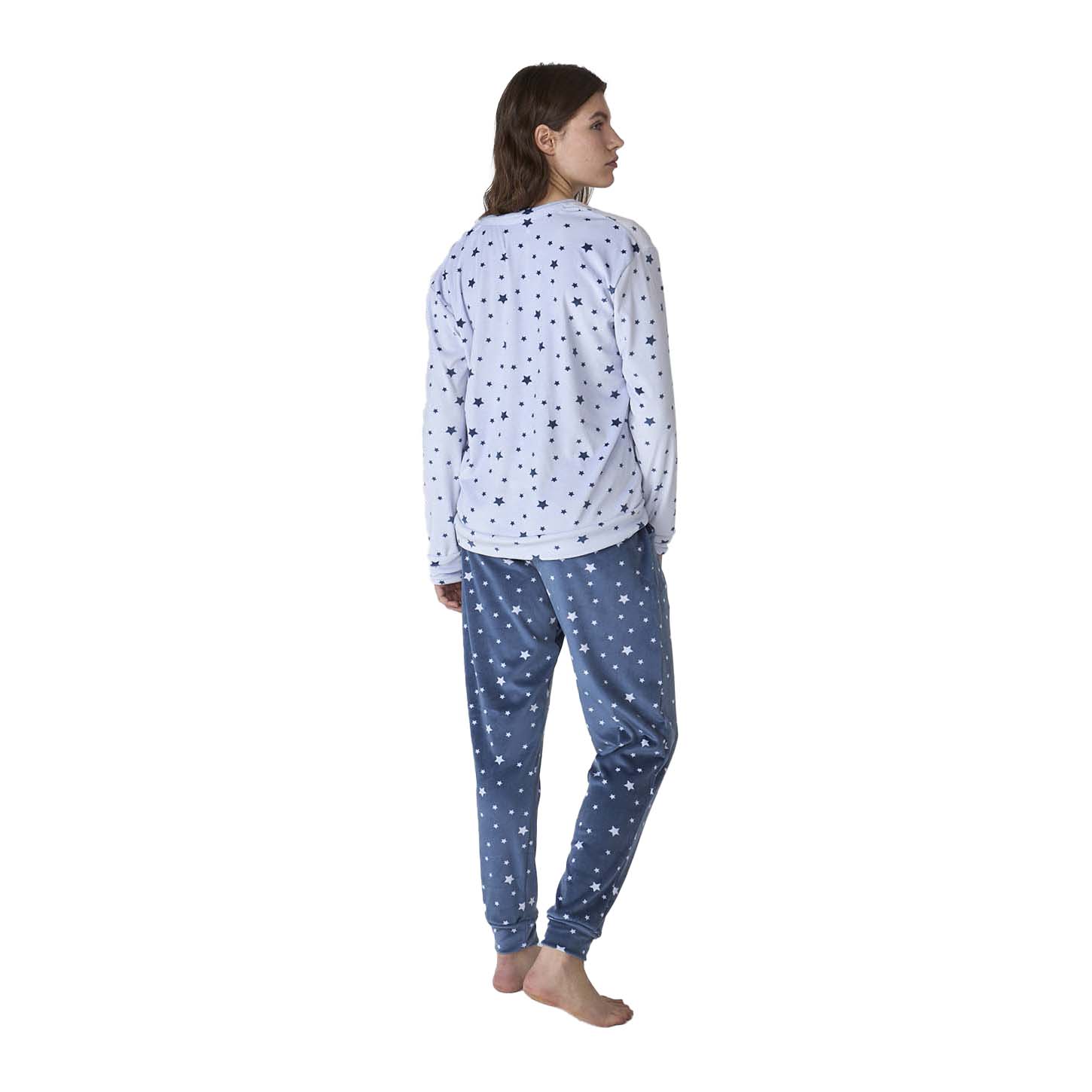 Pijama de Veludo Senhora Manga Comprida Azul