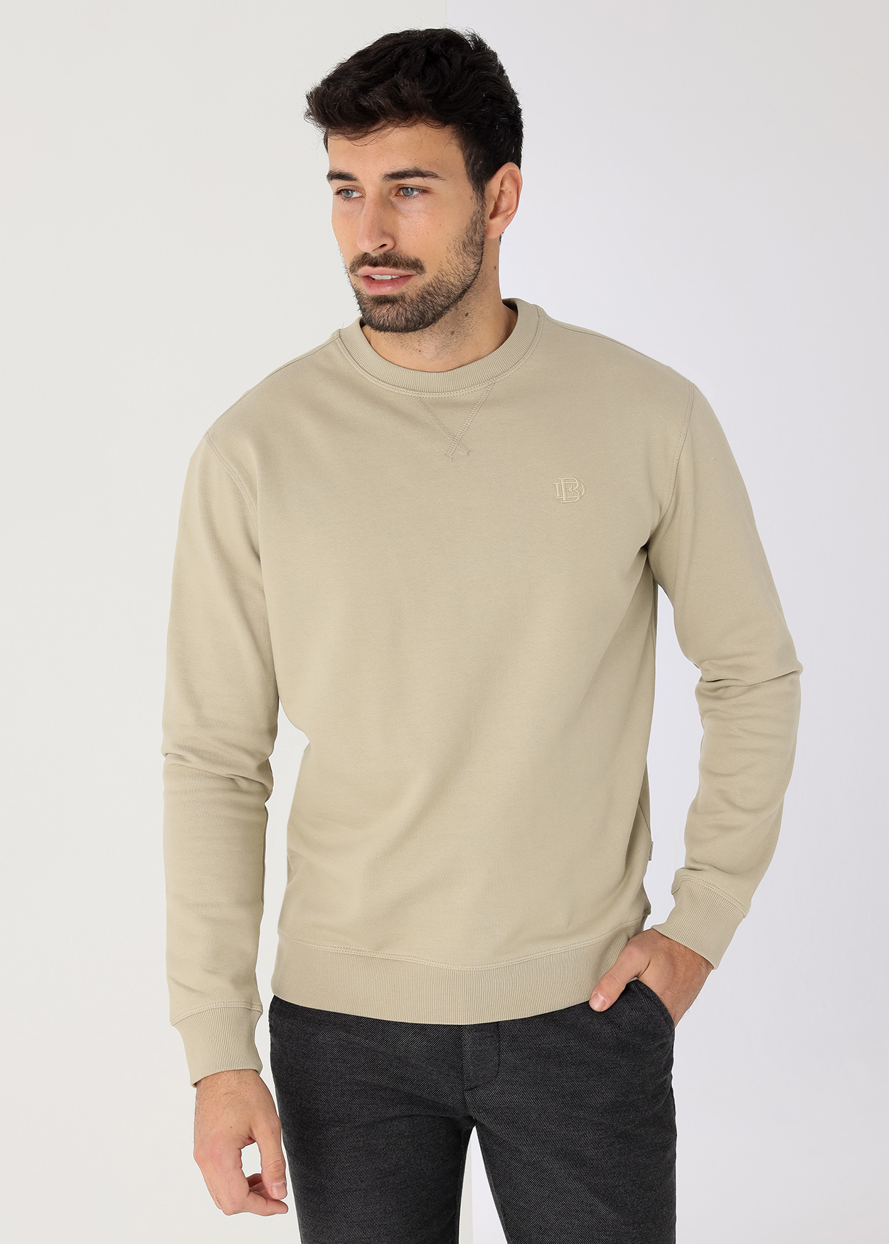 Sweatshirt básico de gola redonda com logo bordado Cinzento