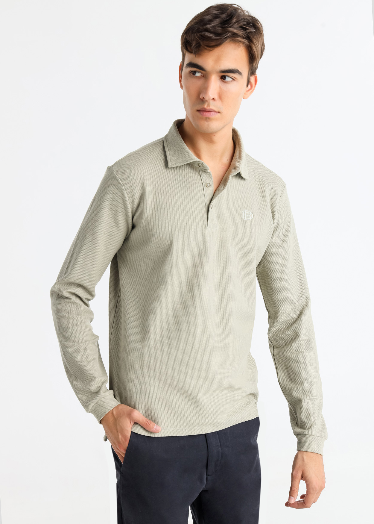 Pólo Básico de manga comprida em tecido piqué Cinzento