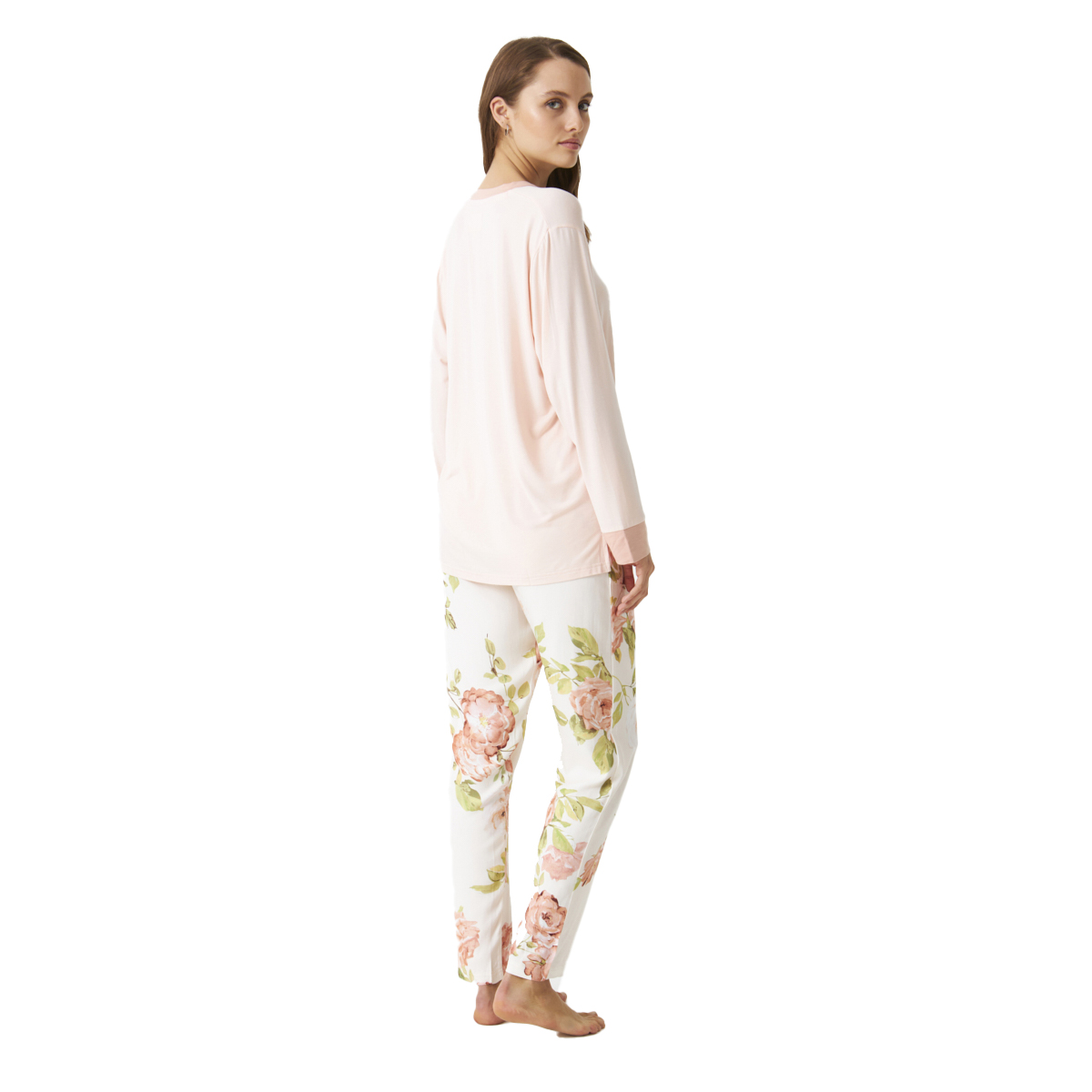 Pijama Senhora Manga Comprida Rosa com Estampado Floral